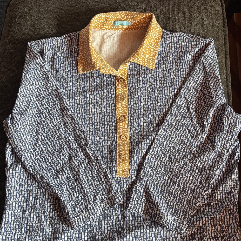 J. McLaughlin Navy Tan Catalina Cloth Court Shirt Size XL